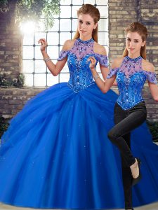 Stunning Blue Lace Up Halter Top Beading and Pick Ups 15 Quinceanera Dress Tulle Sleeveless Brush Train