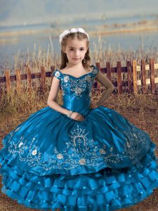 Cheap Blue Ball Gowns Embroidery and Ruffled Layers Little Girl Pageant Gowns Lace Up Satin and Organza Sleeveless Floor Length