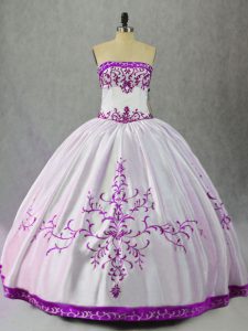 Customized Satin Strapless Sleeveless Lace Up Embroidery Sweet 16 Dress in White And Purple