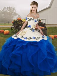 Royal Blue Lace Up Off The Shoulder Embroidery and Ruffles 15th Birthday Dress Tulle Sleeveless