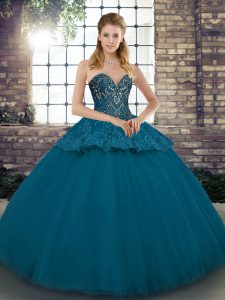 Blue Ball Gowns Beading and Appliques Sweet 16 Dresses Lace Up Tulle Sleeveless Floor Length