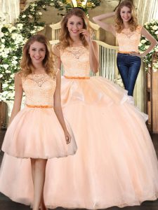 Best Peach Sleeveless Organza Zipper 15 Quinceanera Dress for Military Ball and Sweet 16 and Quinceanera