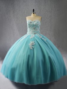 Free and Easy Blue Halter Top Neckline Appliques Quinceanera Gown Sleeveless Lace Up