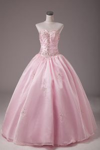 Beading and Embroidery Sweet 16 Dresses Baby Pink Lace Up Sleeveless Floor Length