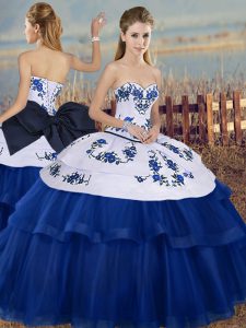 Glittering Royal Blue Sleeveless Floor Length Embroidery and Bowknot Lace Up 15 Quinceanera Dress