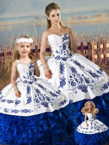 Lovely Blue And White Organza Lace Up Quinceanera Dress Sleeveless Floor Length Embroidery and Ruffles