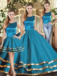 Teal Three Pieces Scoop Sleeveless Tulle Floor Length Lace Up Ruffled Layers Sweet 16 Quinceanera Dress