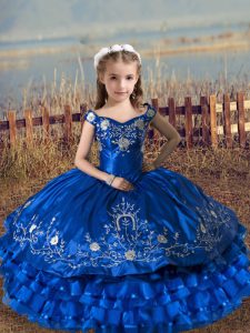Royal Blue Sleeveless Satin and Organza Lace Up Little Girls Pageant Dress Wholesale for Wedding Party