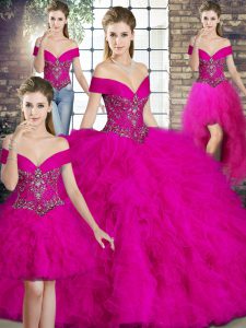 Fabulous Floor Length Fuchsia Sweet 16 Dresses Off The Shoulder Sleeveless Lace Up