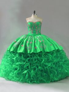 Eye-catching Fabric With Rolling Flowers Sweetheart Sleeveless Lace Up Embroidery and Ruffles Sweet 16 Dress in Green