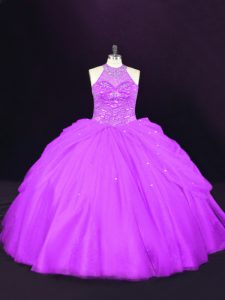 Purple Ball Gowns Tulle Halter Top Sleeveless Beading Lace Up 15 Quinceanera Dress