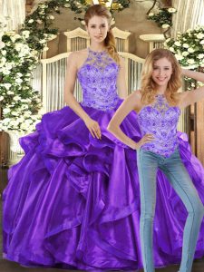 Purple Sleeveless Beading and Ruffles Floor Length Quinceanera Gowns