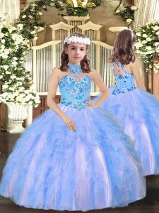 Pretty Blue Sleeveless Floor Length Appliques and Ruffles Lace Up Pageant Gowns For Girls