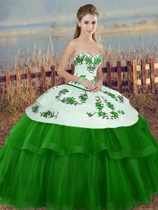 Green Ball Gowns Sweetheart Sleeveless Tulle Floor Length Lace Up Embroidery and Bowknot 15th Birthday Dress