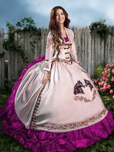 Noble Fuchsia Organza Lace Up Sweetheart Sleeveless Floor Length 15 Quinceanera Dress Embroidery