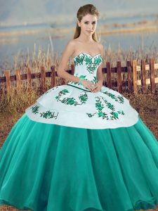 Turquoise Ball Gowns Sweetheart Sleeveless Tulle Floor Length Lace Up Embroidery and Bowknot Sweet 16 Quinceanera Dress