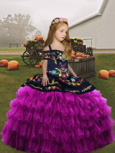 Ball Gowns Little Girls Pageant Dress Wholesale Fuchsia Straps Organza Sleeveless Floor Length Lace Up