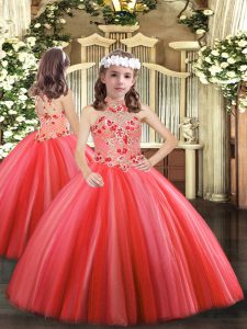 Halter Top Sleeveless Little Girl Pageant Dress Floor Length Appliques Coral Red Tulle