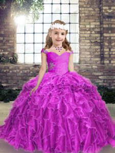 Sophisticated Fuchsia Straps Neckline Beading and Ruffles Pageant Gowns Sleeveless Lace Up