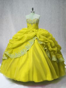 Flirting Organza Sleeveless Floor Length Ball Gown Prom Dress and Beading and Appliques and Pick Ups