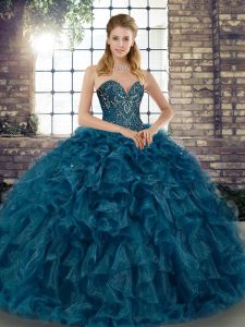Luxurious Organza Sweetheart Sleeveless Lace Up Beading and Ruffles Ball Gown Prom Dress in Teal
