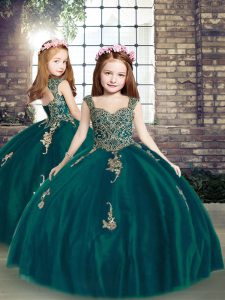 Beautiful Peacock Green Straps Lace Up Appliques Girls Pageant Dresses Sleeveless