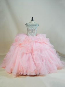 Great Lace Up Sweet 16 Dress Pink for Sweet 16 and Quinceanera with Beading and Ruffles Brush Train