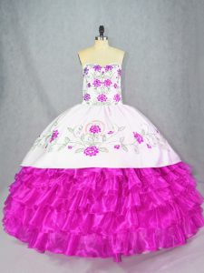 Inexpensive Embroidery and Ruffled Layers Sweet 16 Dress Fuchsia Lace Up Sleeveless Floor Length