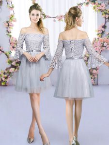 Flirting Grey Empire Tulle Off The Shoulder 3 4 Length Sleeve Lace and Belt Mini Length Lace Up Quinceanera Court of Honor Dress