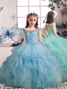 Light Blue Ball Gowns Organza Scoop Sleeveless Beading and Ruffles Floor Length Lace Up Child Pageant Dress
