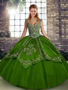 Glittering Olive Green Sleeveless Beading and Embroidery Floor Length Quince Ball Gowns