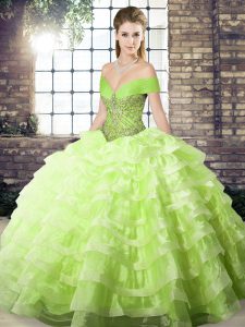 Elegant Off The Shoulder Sleeveless Brush Train Lace Up Quinceanera Gown Yellow Green Organza