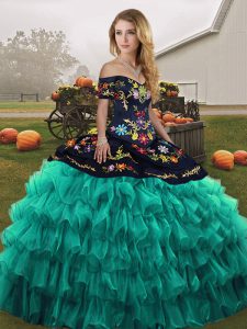 Turquoise Organza Lace Up Quinceanera Dresses Sleeveless Floor Length Embroidery and Ruffled Layers