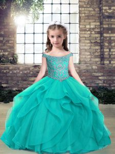 Customized Teal Off The Shoulder Neckline Beading Custom Made Pageant Dress Sleeveless Lace Up