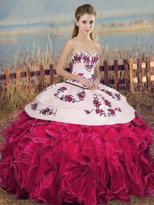 Floor Length Fuchsia Quinceanera Dress Organza Sleeveless Embroidery and Ruffles and Bowknot