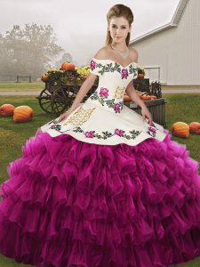 Sleeveless Organza Floor Length Lace Up 15 Quinceanera Dress in Fuchsia with Embroidery and Ruffled Layers
