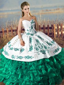 New Style Sweetheart Sleeveless Quinceanera Gown Floor Length Embroidery and Ruffles Green Organza