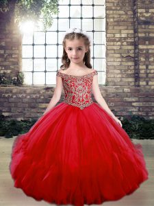 Elegant Red Ball Gowns Off The Shoulder Sleeveless Tulle Floor Length Lace Up Beading Winning Pageant Gowns