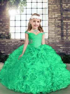 Custom Fit Floor Length Green Custom Made Pageant Dress Fabric With Rolling Flowers Sleeveless Beading and Ruffles