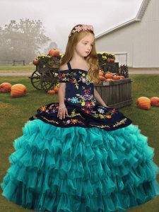 Custom Made Teal Lace Up Kids Formal Wear Embroidery and Ruffled Layers Sleeveless Floor Length