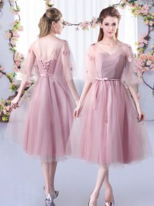 Sexy Tea Length Empire Sleeveless Pink Damas Dress Lace Up