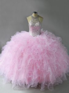 Fancy Floor Length Pink Quince Ball Gowns Halter Top Sleeveless Lace Up