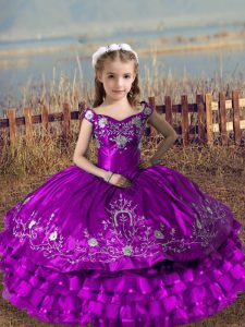 Exceptional Purple Ball Gowns Embroidery and Ruffled Layers Pageant Dress for Teens Lace Up Satin and Organza Sleeveless Floor Length