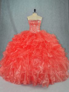 Strapless Sleeveless Ball Gown Prom Dress Floor Length Beading and Ruffles Red Organza