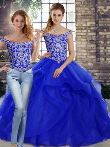Off The Shoulder Sleeveless Tulle Quinceanera Gown Beading and Ruffles Brush Train Lace Up