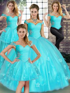 Adorable Sleeveless Beading and Appliques Lace Up Quince Ball Gowns