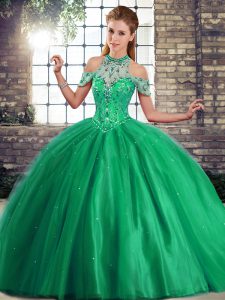 Traditional Lace Up Quinceanera Gowns Green for Military Ball and Sweet 16 and Quinceanera with Beading Brush Train