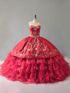 Sleeveless Floor Length Embroidery and Ruffles Lace Up 15 Quinceanera Dress with Red