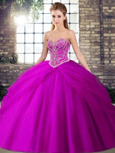 Fuchsia Ball Gowns Beading and Pick Ups Ball Gown Prom Dress Lace Up Tulle Sleeveless