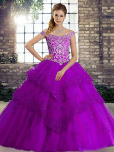 Gorgeous Tulle Off The Shoulder Sleeveless Brush Train Lace Up Beading and Lace Quince Ball Gowns in Purple